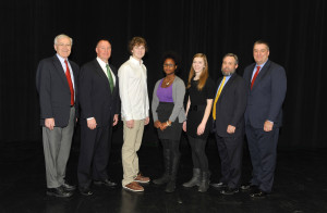 Left to right:  John MacKerron, EMF Chair, Jack Simpson, Director, MD Vehicle Theft Prevention Council, Joseph Everngam, EMF major, Jahannah Kincheloe, EMF major, Rachel Armiger, EMF major, Paul Holland, MD/DC Anti-Car Theft Committee and Christopher T. McDonald Deputy Director MD Vehicle Theft Prevention Council.