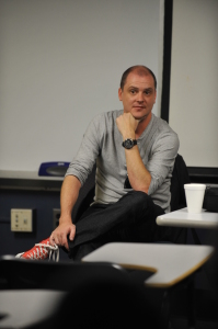 Filmmaker Mike Flanagan '02 talking with an EMF class on Nov. 4