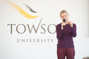Katty Kay, a New York Times bestselling author and lead anchor of BBC World News America delivers the keynote presentation during the opening session of the Towson University Professional Leadership Program for Women.