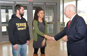 U.S. Sen. Ben Cardin greets TU in Northeastern Maryland students John Hryncewich and Brittany Martin 