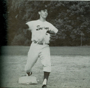 John Schuerholz throwing a baseball from second base in 1960